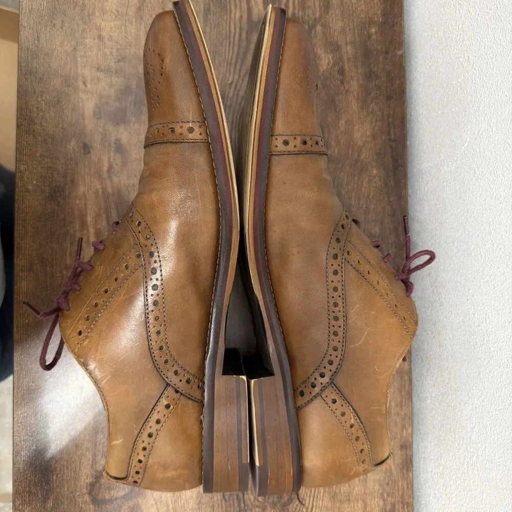 Johnston & Murphy Tan Leather Wingtip Oxfords with Burgundy Laces